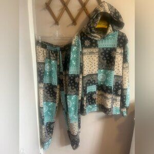 Popman Cozy Patchwork Hoodie and Joggers Set streetwear bandana style L
